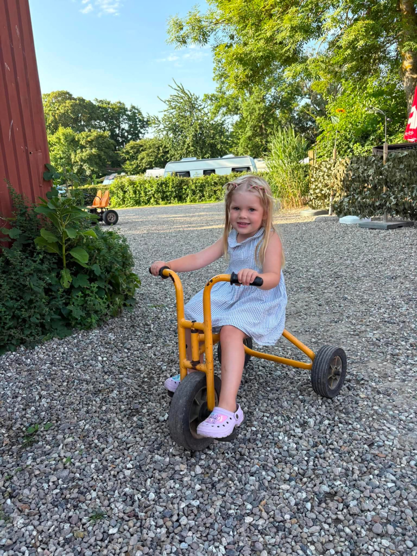 Pige på gul trehjulet cykel på campingpladsen