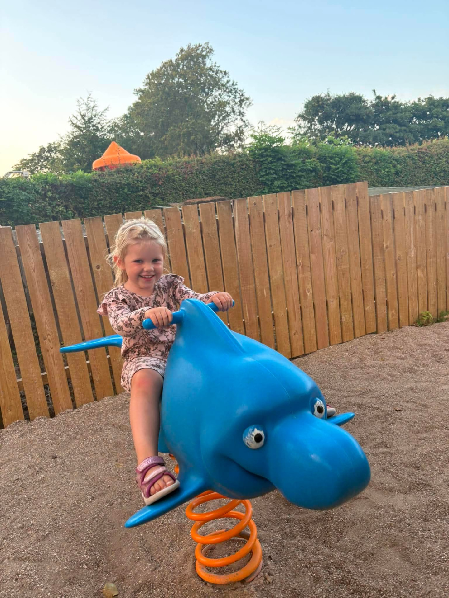 Pige på blå fjedergynge i sandkassen