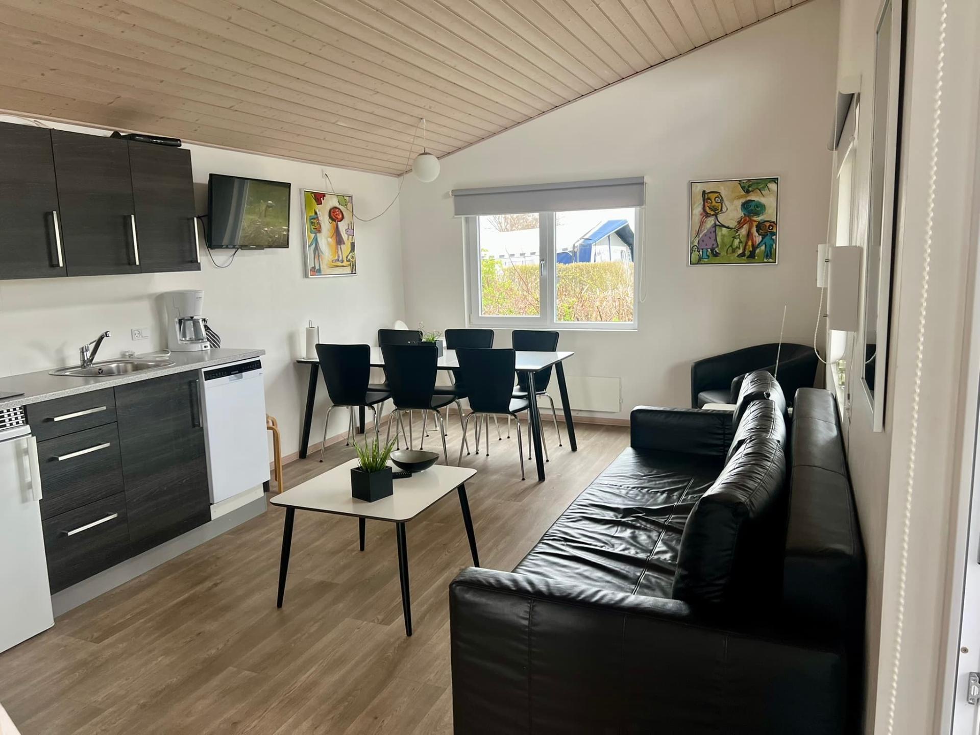 Stue med sofa, spisebord og køkken
